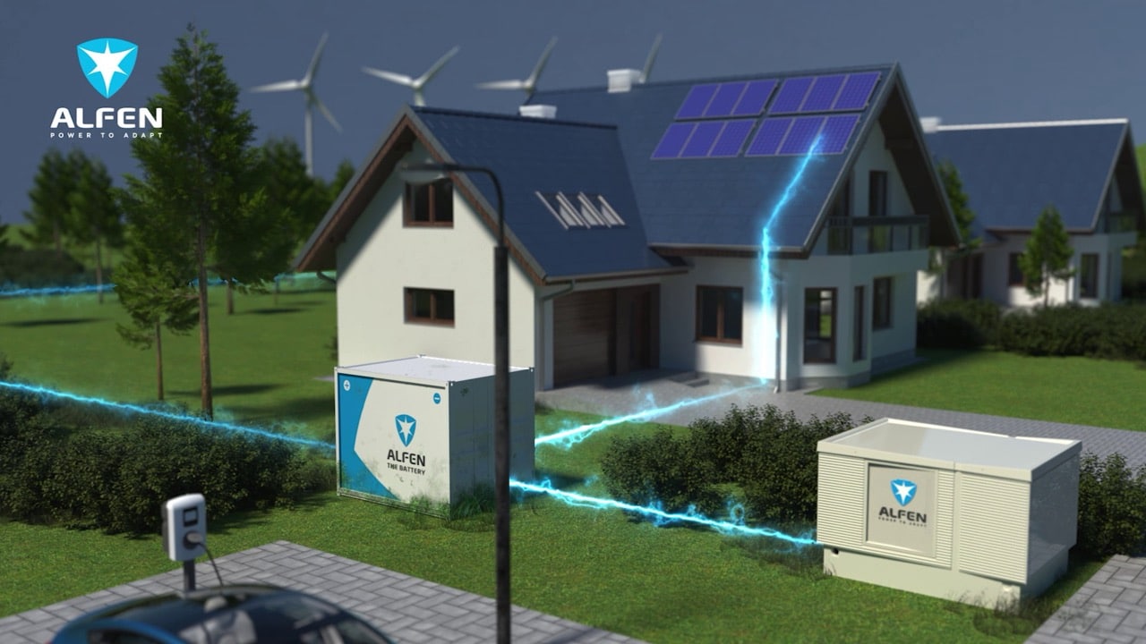 3D-animatie van een Alfen mobiele batterijmodule geïntegreerd in een buitenwijk met huizen