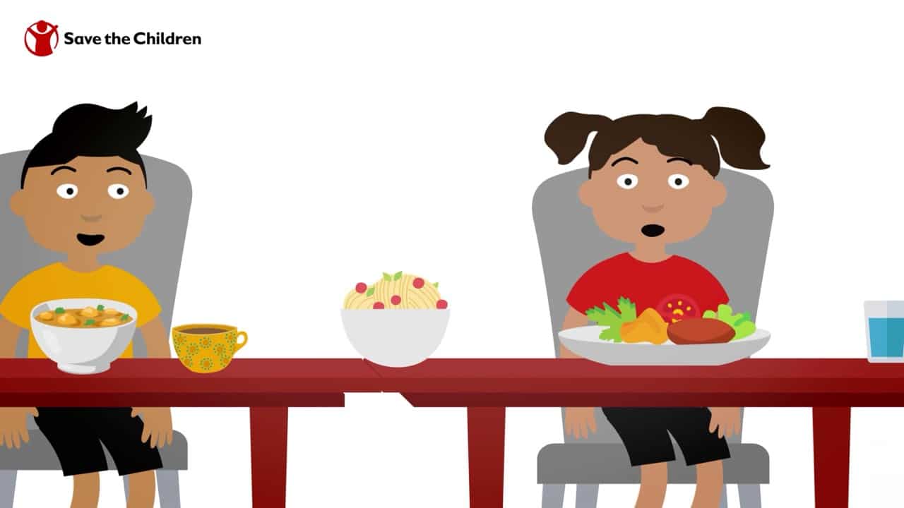 2D-afbeelding van twee kinderen die aan een eettafel eten