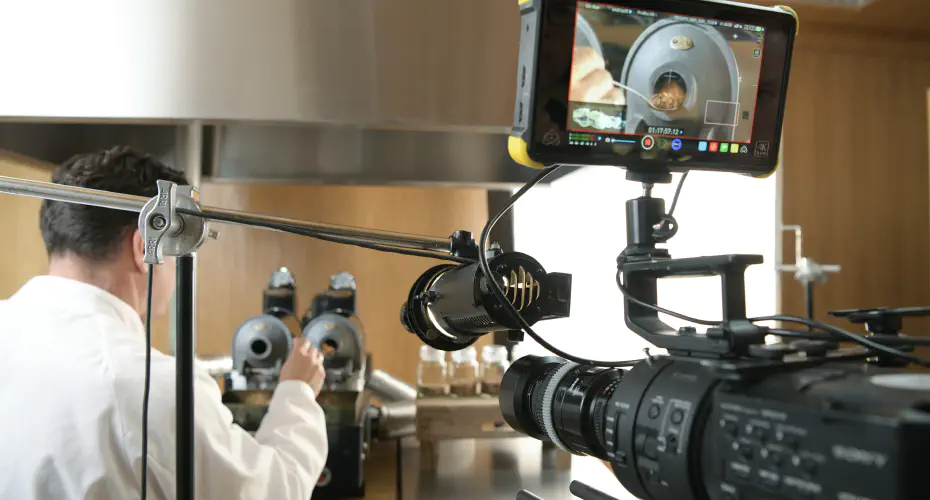 Man in witte labjas verwerkt koffiebonen op een ambachtelijke manier in video set-up