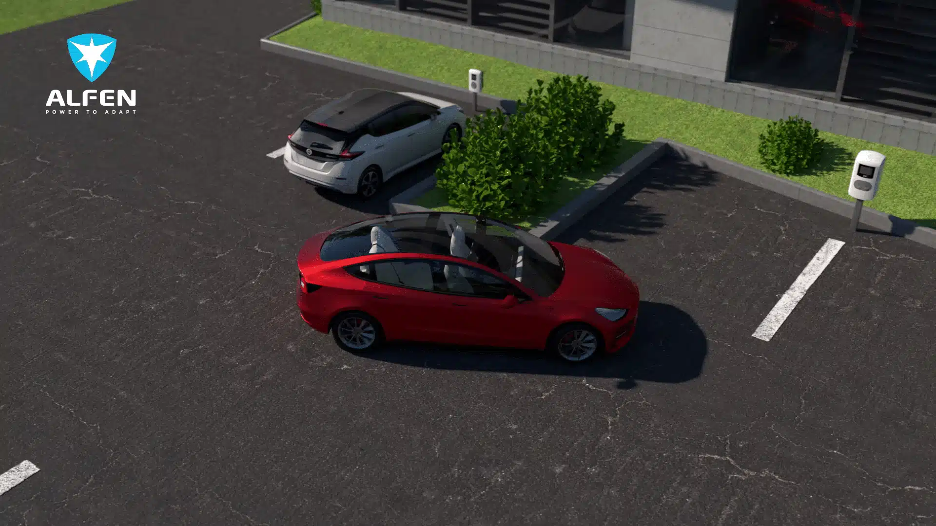 3D gemodelleerde rode Tesla parkeert in bij een parkeerplek met witte laadpaal