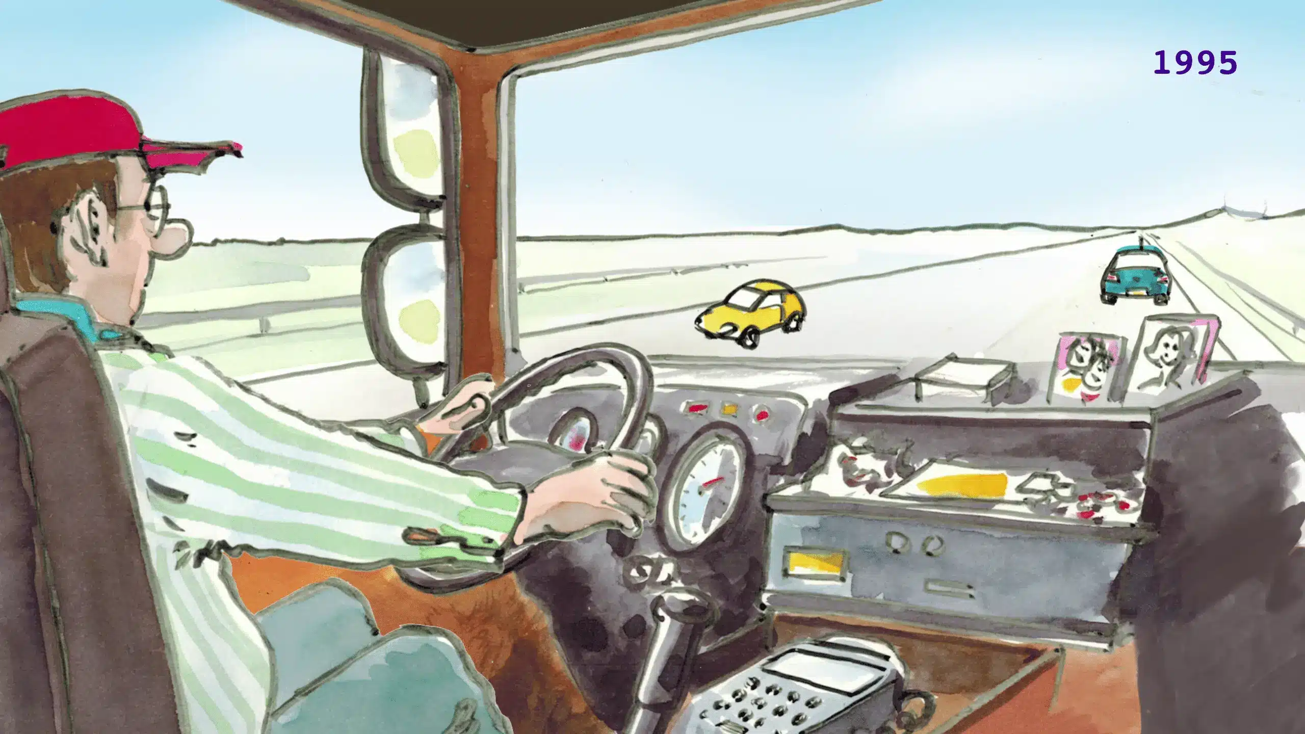 2D afbeelding in getekende stijl van een vrachtwagenchauffeur in zijn cabine die op de weg uitkijkt met daarop twee auto's