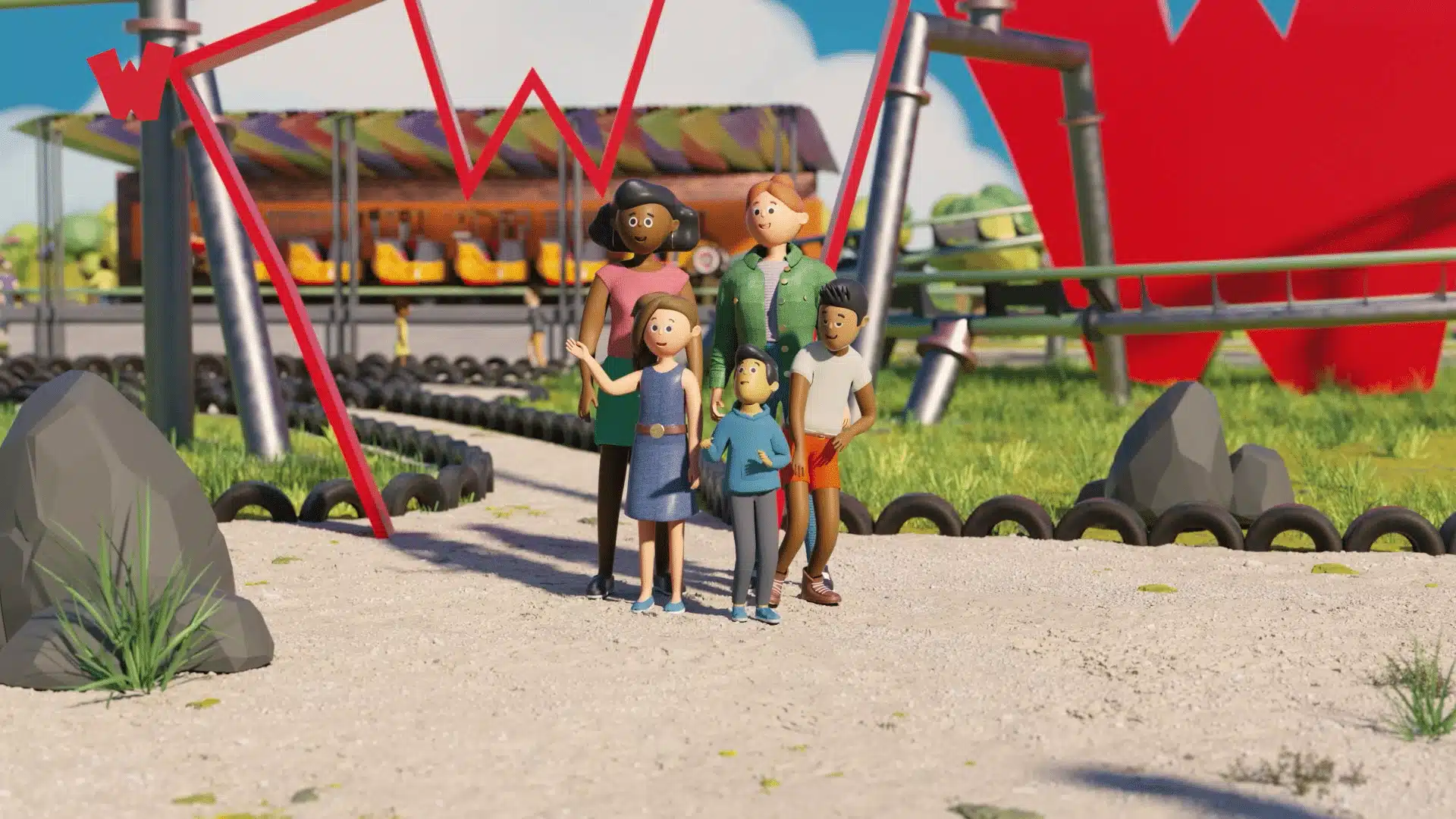 3D gemodeleerde donkere moeder en blanke roodharige moeder staan met hun drie kinderen voor een achtbaan van het attractiepark Walibi