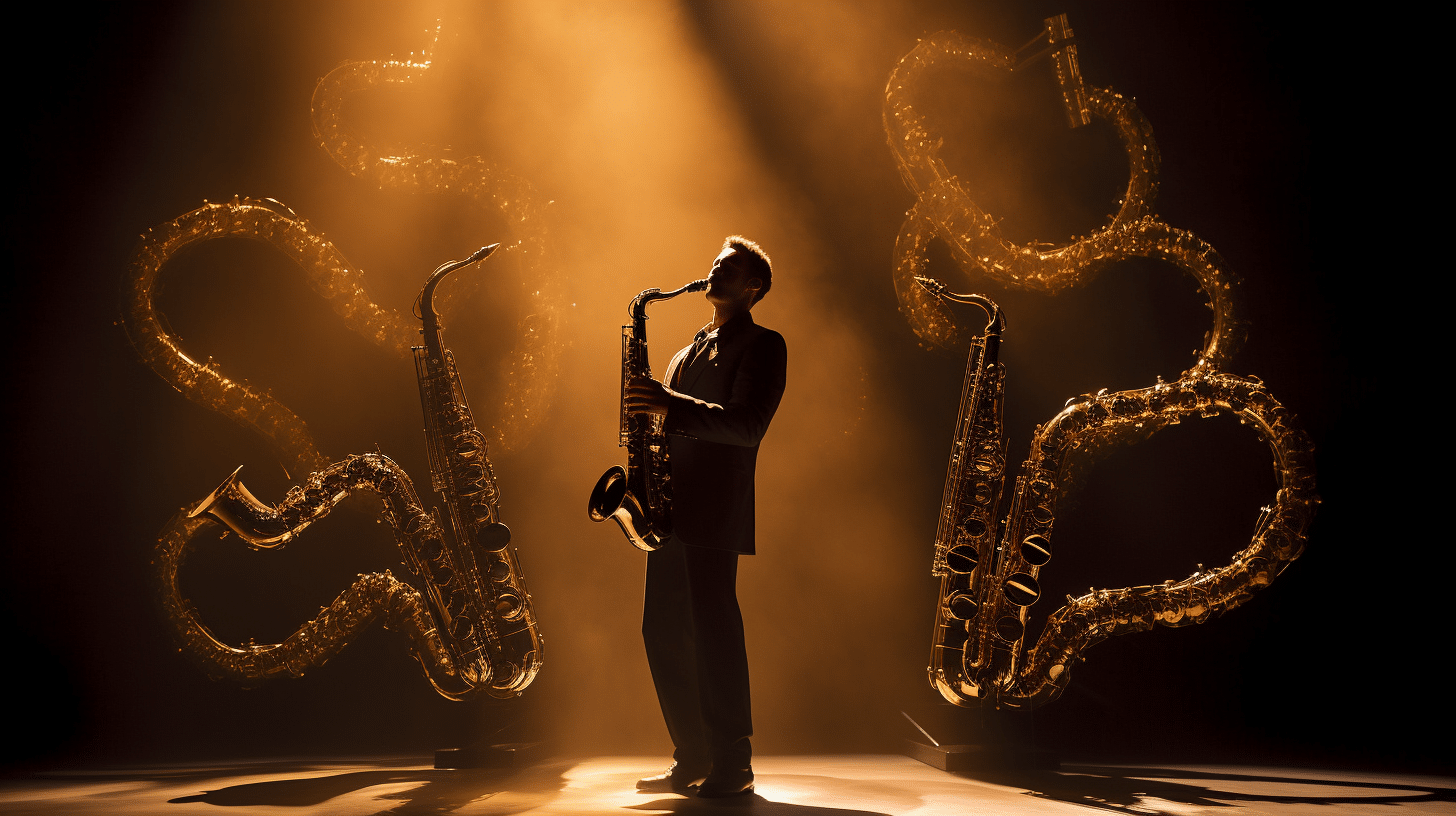 Een man in pak met een saxofoonen op de achtergrond twee saxofonen in een goud omlichtte omgeving